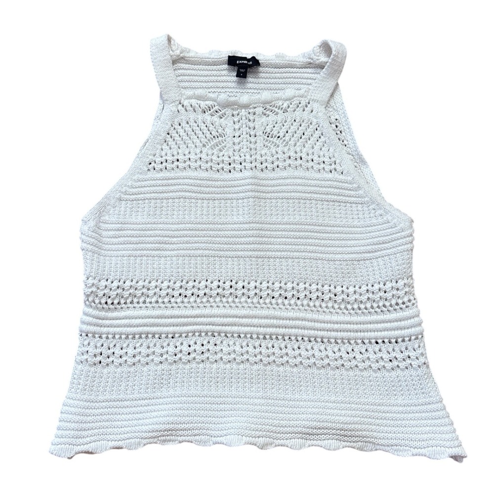 Express Crochet‎ Tank Top Women White Excellent High Neck Pointelle SIZE S